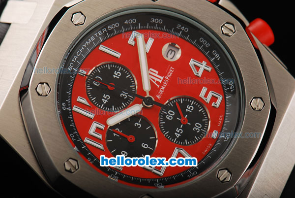 Audemars Piguet Royal Oak Offshore Japanese Miyota Quartz Movement with Red/Black Dial and Silver Case-Black Leather Strap - Click Image to Close